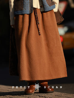 PETIT SCHAN小闪 CLO#999 Hazelnut 榛果 棉羊毛混纺松紧腰抽绳罗纹针织半裙
