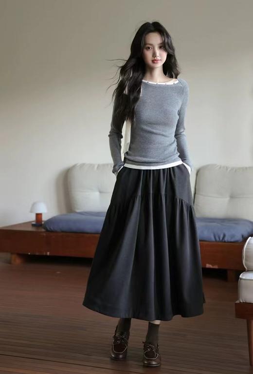 D121811冬季新款简约抽褶A字半身裙软糯百搭显瘦长裙 商品图5