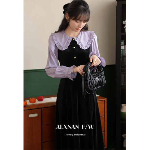 鹿向南「梦幻星辰」假两件法式桔梗娃娃领连衣裙女秋冬季收腰长裙 商品图2