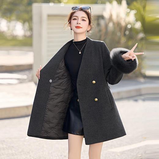 HR LDL2662优雅风羽绒服气质修身中长款V领毛呢内胆白鸭绒外套 商品图1