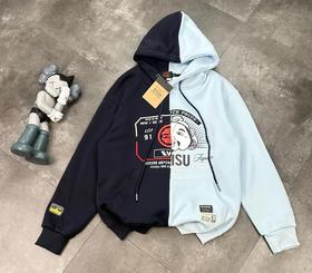 D121831冬季新款加绒加厚拼接连帽卫衣男女同款