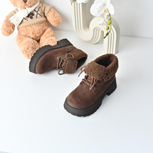 经典鲨2025冬季专柜新品百搭圆头平底加绒保暖工装靴短靴女KW89-558221 商品图3