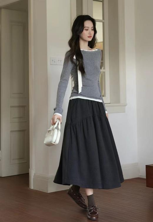 D121811冬季新款简约抽褶A字半身裙软糯百搭显瘦长裙 商品图6