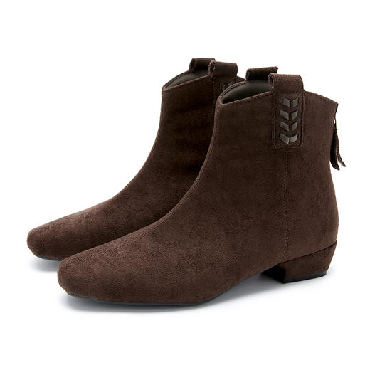 西遇复古绒面瘦瘦靴女冬季新款法式方头粗跟短筒弹力靴子V0057359 商品图4