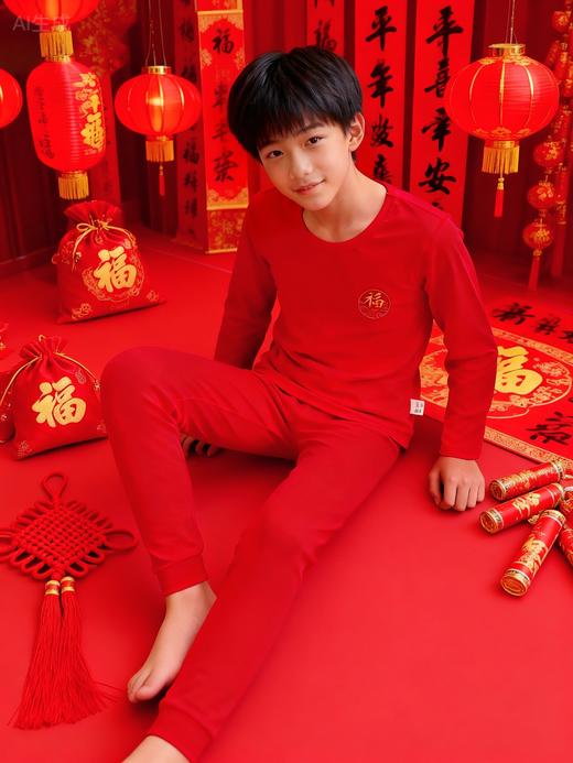 【YW】无忧购【鸿运当‘红’】儿童内衣套装本命年大红色新年男女中大童秋衣秋裤家居服睡衣（截单后3-5天发货) 商品图1