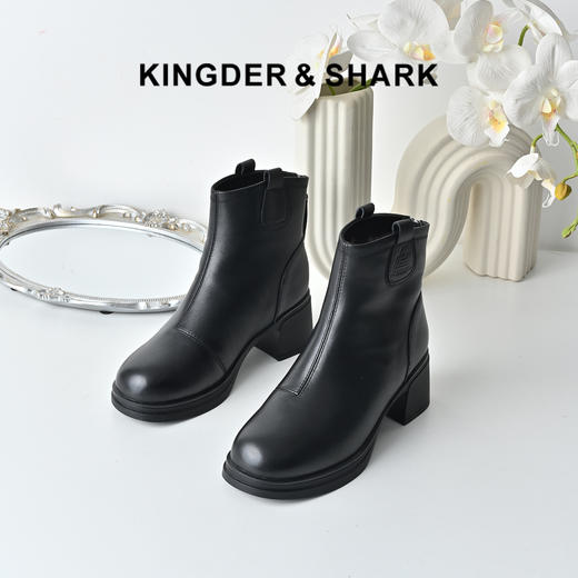 经典鲨2025冬专柜新品牛皮革黑色圆头加绒加厚雪地靴短靴女KW289-558021 商品图0