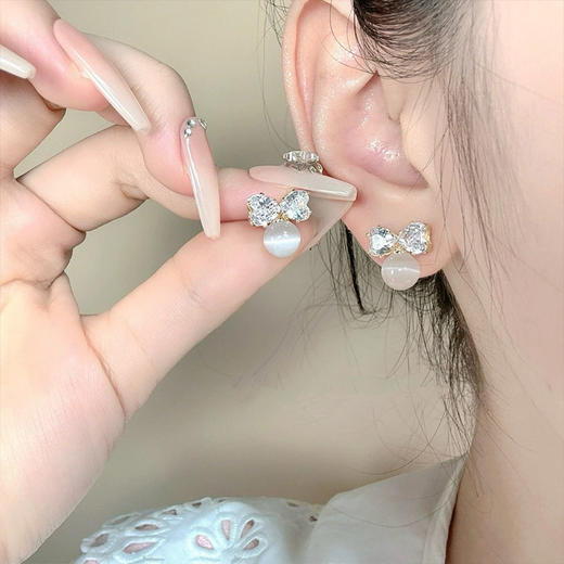 小清新甜美猫眼石耳钉蝴蝶结闪锆高级感耳饰-160711830 商品图0