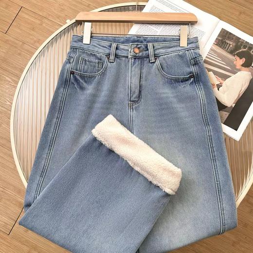 D121810冬季新款拼接羊羔毛高腰复合绒加厚直筒九分牛仔裤 商品图11