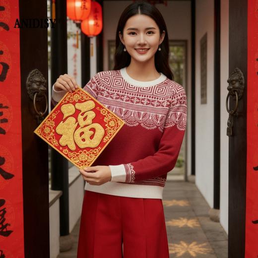 撞色圆领长袖提花套头羊毛针织衫 商品图4