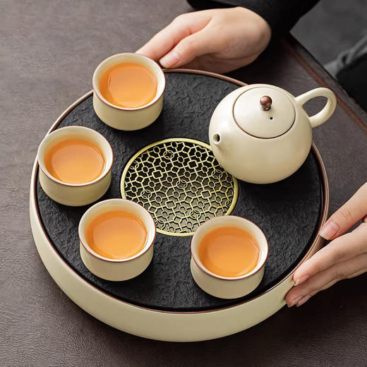 尚置丨汝窑圆窗茶盘 圆形茶盘 家用储水 轻奢高档 陶瓷干泡小茶台 汝窑茶海 茶托盘 商品图2