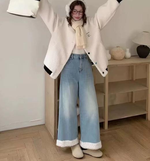 D121810冬季新款拼接羊羔毛高腰复合绒加厚直筒九分牛仔裤 商品图2