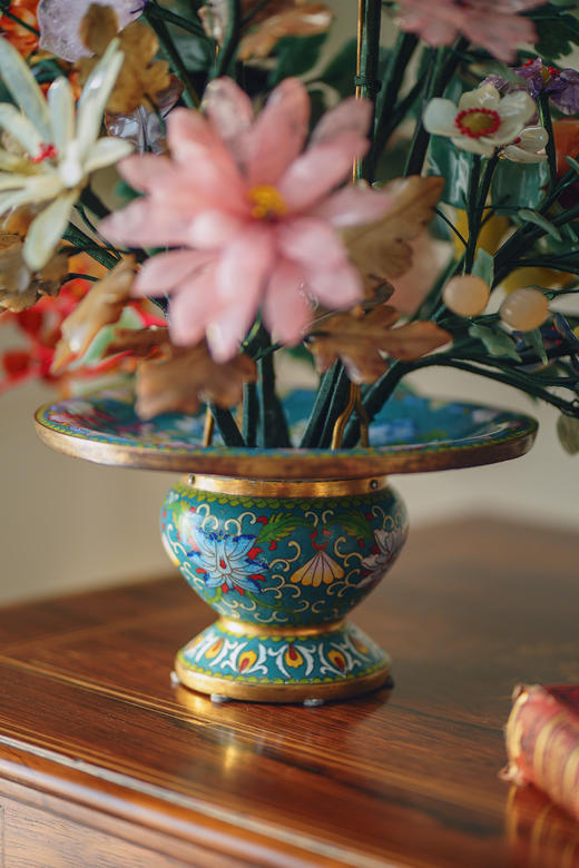 【已售】独角鹿西洋古董20世纪中国出品传统东方花卉纹景泰蓝盆装饰「春色满园」珍宝像生盆景 商品图8