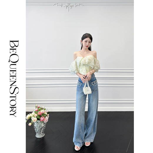 【孤品样衣，不退不换】【香缇宫宴】百搭荷叶边设计感手工钉钻一字肩显瘦上衣 商品图3