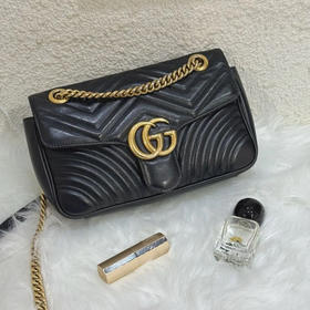 Gucci 双g 马蒙 中号 牛皮 黑金 斜挎包