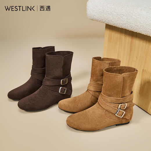 西遇西部牛仔短靴女冬季美拉德平底翻领两穿辣妹机车马丁靴V2257217 商品图4