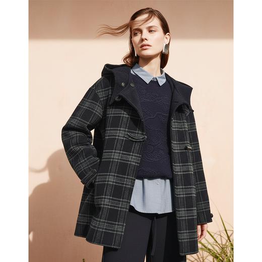 Famecoco范可儿学院风格纹连帽羊毛双面尼大衣外套短款FAD8AR106 商品图1