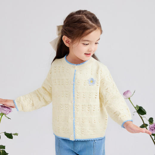 笛莎Deesha 童装女童毛衣2026春新蓝白撞色长袖开衫毛衣 商品图0