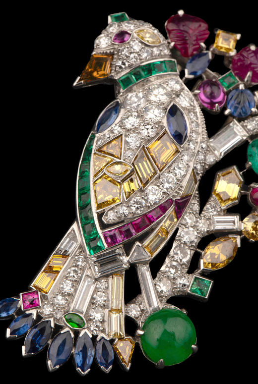 独角鹿西洋古董20世纪欧洲出品天堂鸟造型铂金镶嵌红宝石黄钻蓝宝石祖母绿及钻石胸针 商品图1