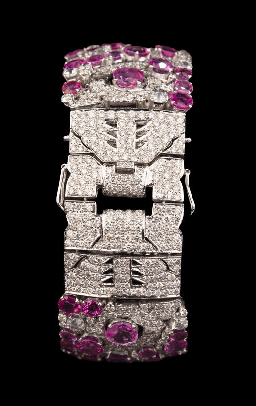 独角鹿西洋古董20世纪欧洲出品花卉叶蔓造型18K白金镶嵌红宝石及钻石手镯 商品图3