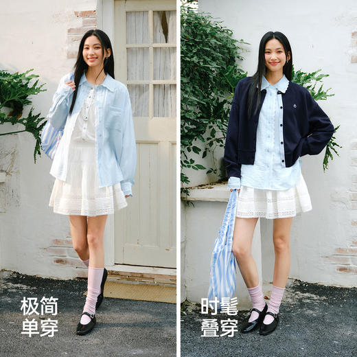 森马长袖衬衫女春中长款仿麻肌理oversize蕾丝2026新款松弛感衬衣 商品图4