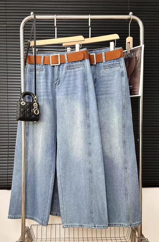 D121812冬季加绒加厚弯刀牛仔裤一字假口袋高腰显瘦阔腿牛仔裤（配腰带） 商品图10