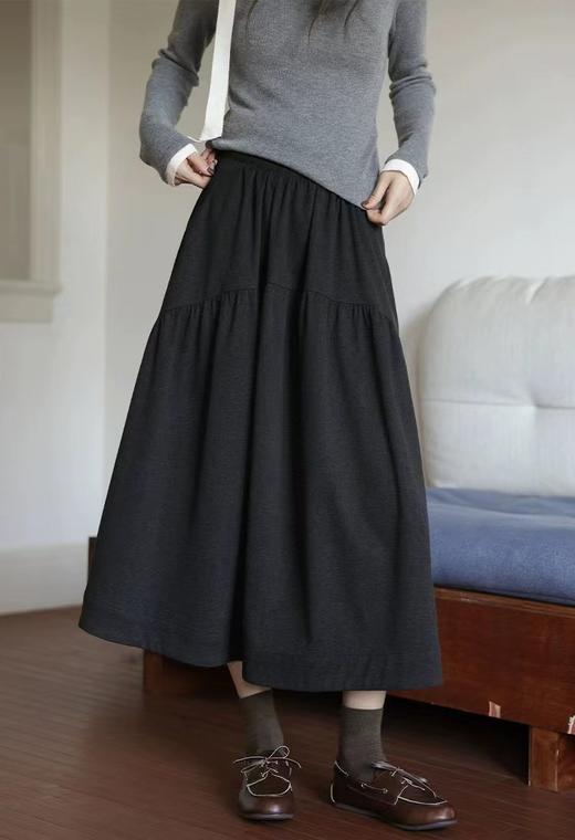 D121811冬季新款简约抽褶A字半身裙软糯百搭显瘦长裙 商品图1