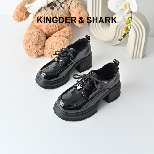 经典鲨2025冬专柜新品百搭黑色圆头加绒加厚中粗跟小皮鞋女KC19-558321 商品图0