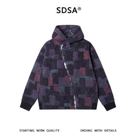 SDSA男士秋冬新款痞帅男装潮牌撞色不规则格子斜拉链连帽卫衣外套