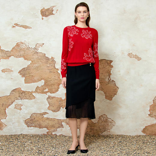 EITIE爱特爱高腰通勤不对称拼接黑色半身裙2025春新款8106801 商品图1