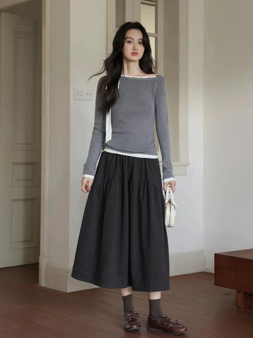 D121811冬季新款简约抽褶A字半身裙软糯百搭显瘦长裙 商品图7