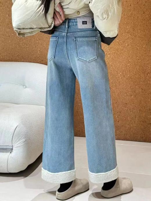 D121810冬季新款拼接羊羔毛高腰复合绒加厚直筒九分牛仔裤 商品图1