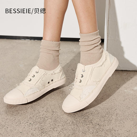 BESSIEIE休闲补丁帆布鞋时尚低帮小白鞋 商品图1