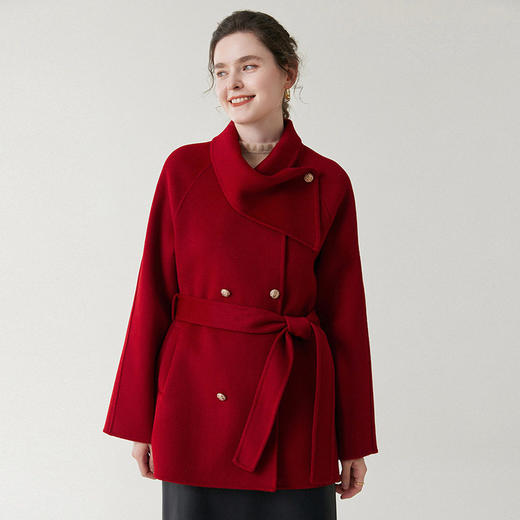 「自」全新升级【铂金会员349/天猫469/差价120】(22248)洛诗琳新年红羊毛双面呢大衣2025冬季围脖领中长款呢子外套 商品图0