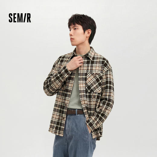 森马长袖衬衫男春季格纹宽松翻领外套时尚休闲前胸双贴袋上衣潮流 商品图1