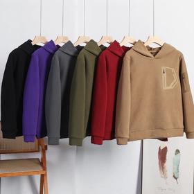 D121822秋冬双面绒防风保暖加厚加绒男士连帽套头休闲宽松卫衣。