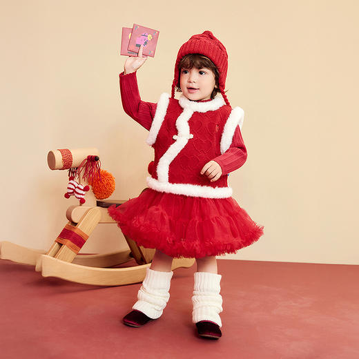迷你巴拉巴拉女童宝宝背心柔软亲肤保暖新年氛围新中式毛织拜年服 商品图2