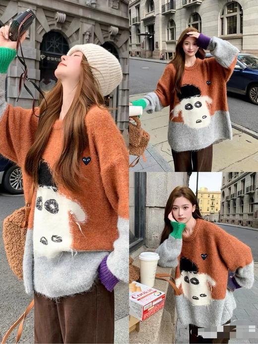 D121819童趣设计感撞色拼接针织圆领套头毛衣女款 商品图5