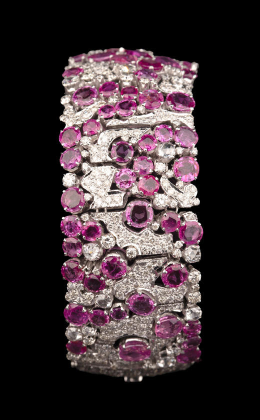 独角鹿西洋古董20世纪欧洲出品花卉叶蔓造型18K白金镶嵌红宝石及钻石手镯 商品图1