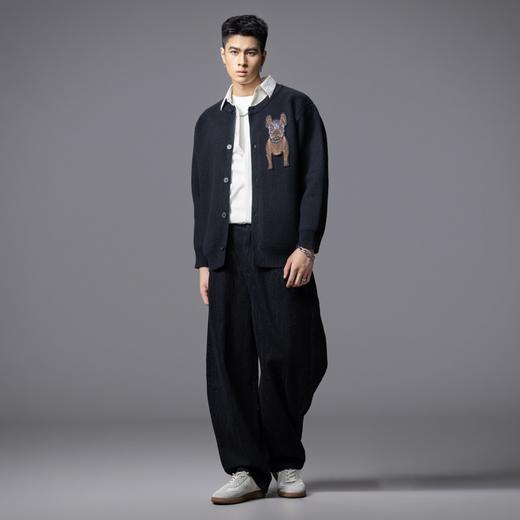 PINLI品立2025秋季新款小狗圆领开衫毛衣男士潮牌休闲针织衫外套BG253110002 商品图4