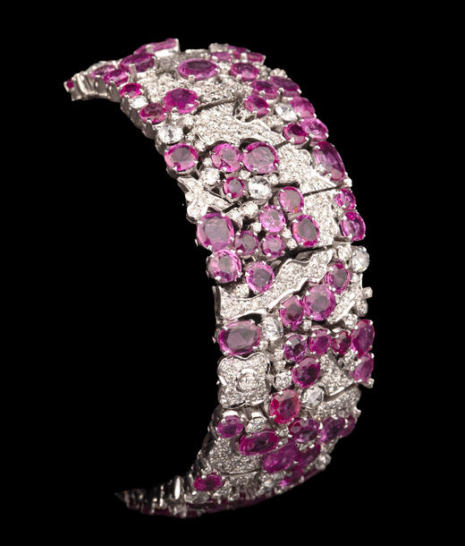 独角鹿西洋古董20世纪欧洲出品花卉叶蔓造型18K白金镶嵌红宝石及钻石手镯 商品图2