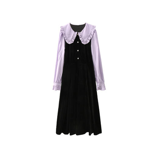 鹿向南「梦幻星辰」假两件法式桔梗娃娃领连衣裙女秋冬季收腰长裙 商品图4