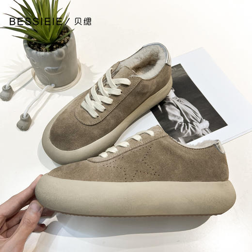 BESSIEIE时尚系带星星面包鞋复古羊毛厚底小脏鞋 商品图1