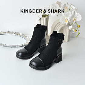 经典鲨2025冬季专柜新品百搭圆头加绒加厚拼接中粗跟短靴女KC19-558331