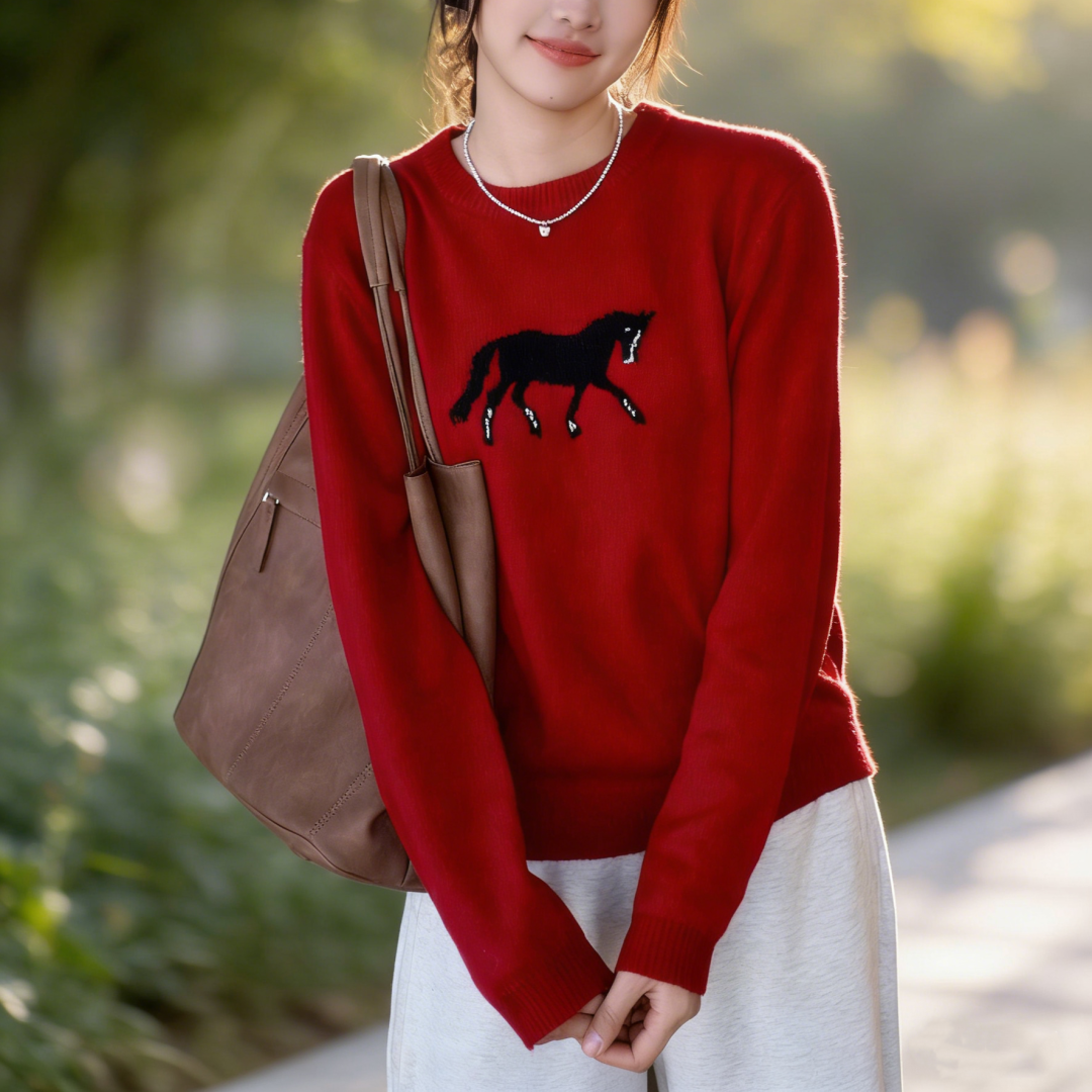 【Spring Wave 复古圆领羊毛刺绣红毛衣】马年限定 ，新年红毛衣，32支进口纱线，30%羊毛混合成份