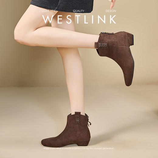 西遇复古绒面瘦瘦靴女冬季新款法式方头粗跟短筒弹力靴子V0057359 商品图3