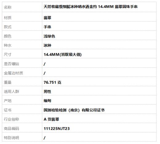 【天然正品】A货翡翠天然收藏级细腻冰种晴水洒金约14.4MM翡翠圆珠手串 111225NJT23 商品图8