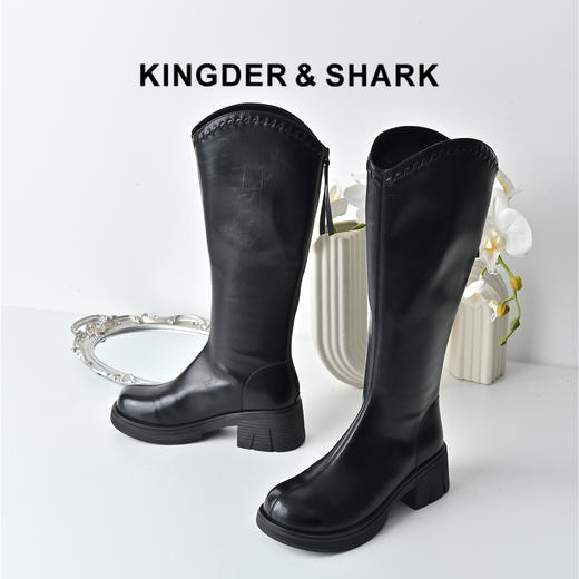 经典鲨2025冬季专柜新品百搭圆头加绒中粗跟后拉链长筒靴女KW87-558131 商品图0