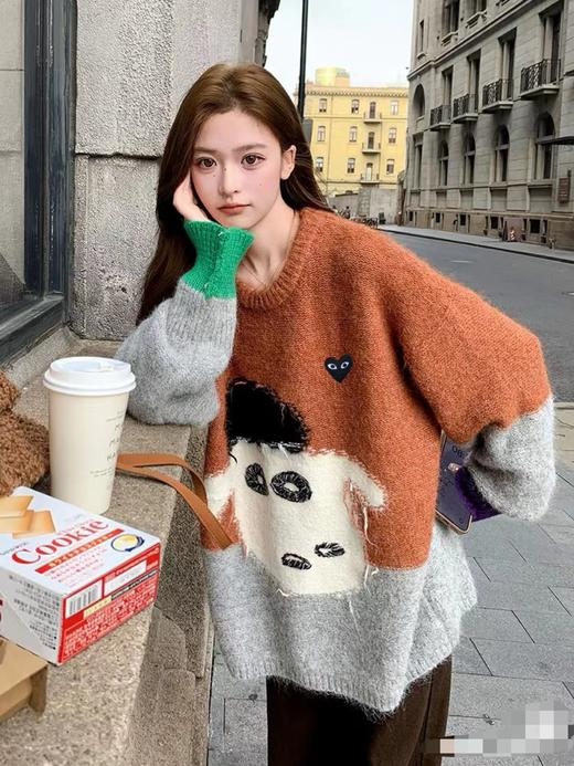 D121819童趣设计感撞色拼接针织圆领套头毛衣女款 商品图1