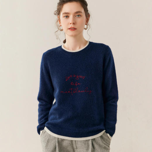 洛诗琳气质撞色圆领羊绒衫2025秋冬加厚宽松针织毛衣rig15609 商品图3