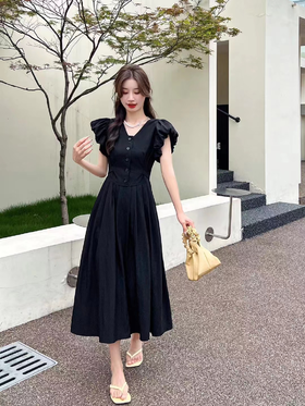 【直播专供款】ENJOY夏季泡袖V领连衣裙 153457221